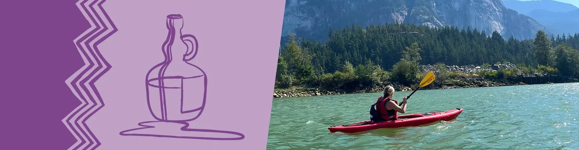 Purple design on left, kayak on lake in Canada with blue sky and mountains in background